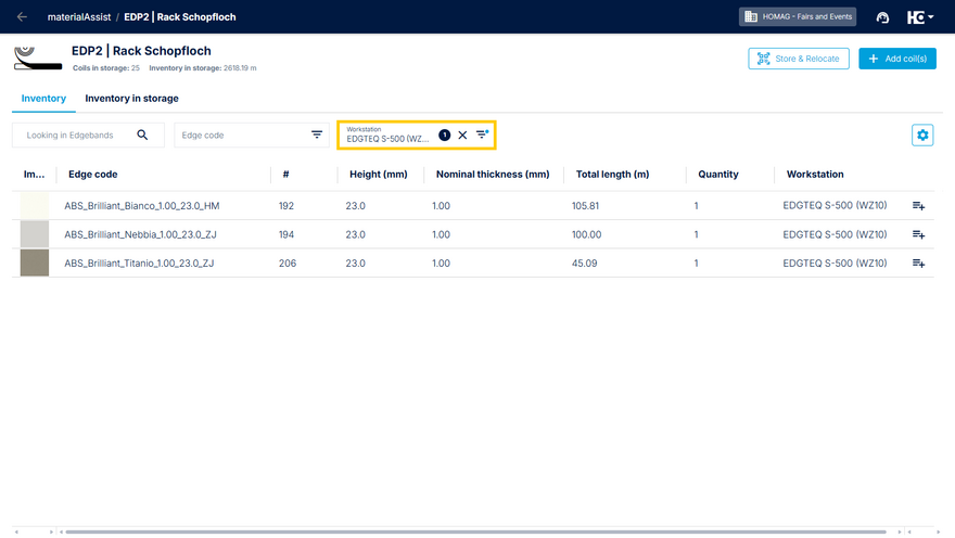 Filtered overview: edgebands stored on a selected machine