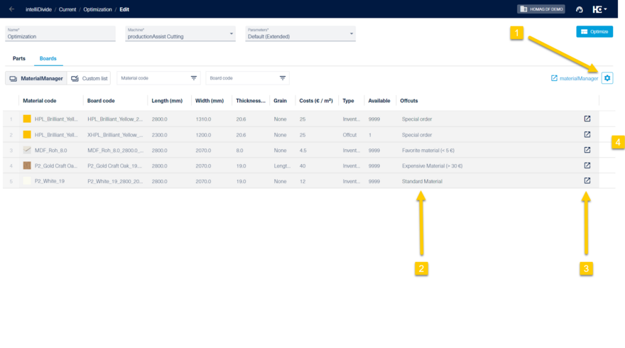 Display of the material group for offcuts in intelliDivide