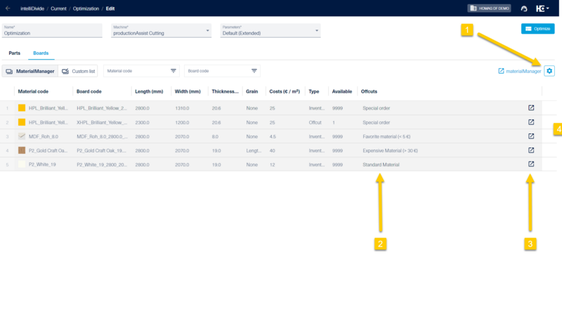 The "Offcuts" column in the "Boards" tab shows the material group for each material (2). The column can be added using the table settings (1). If adjustments are required, it is possible to navigate directly to the group in the material manager (3).