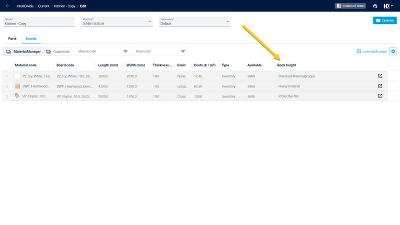 In the “Book height” column in the “Boards” tab, the material group is displayed for each material. 