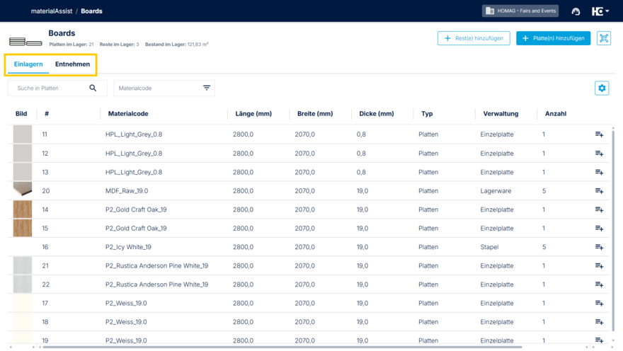 Ansicht "Einlagern" in materialAssist Boards