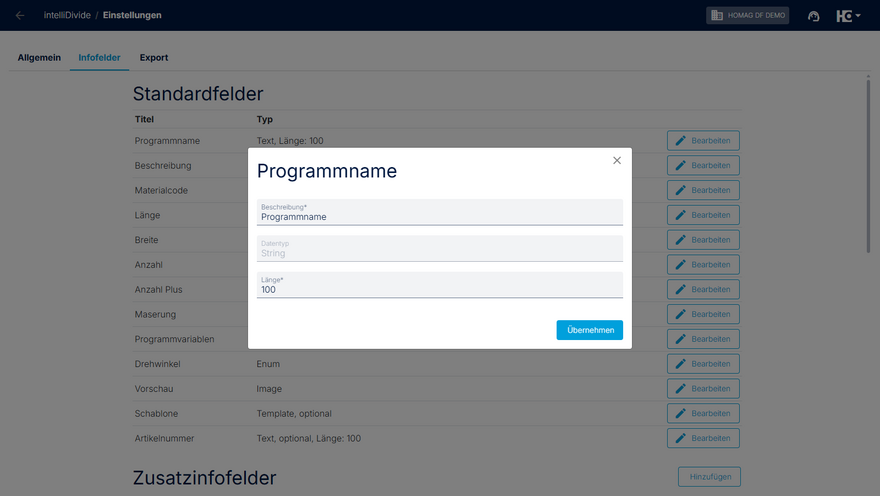 Standardfeld Bearbeitungsmöglichkeiten