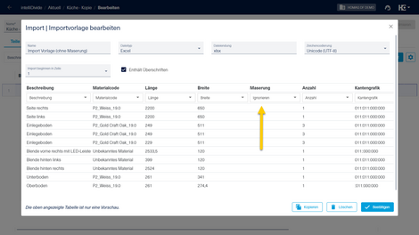 Importvorlage bei der keine Spalte für die Maserung zugewiesen ist.