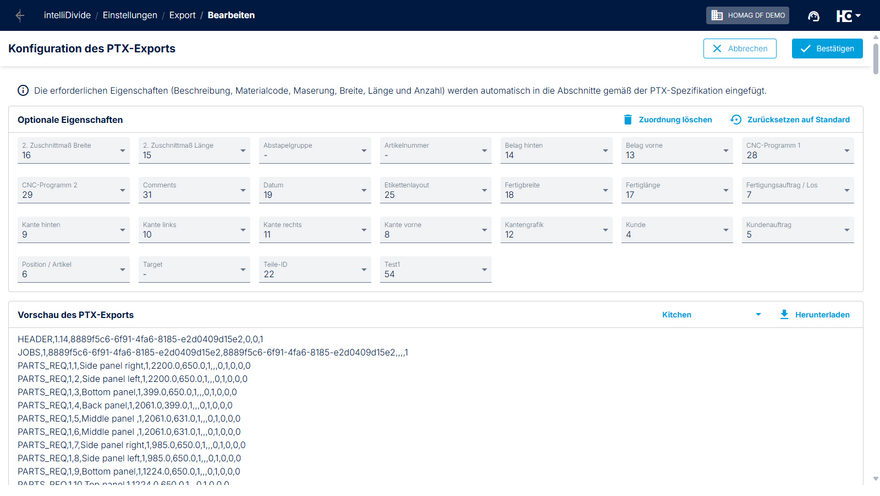 Konfiguration des PTX-Exports für intelliDivide Cutting