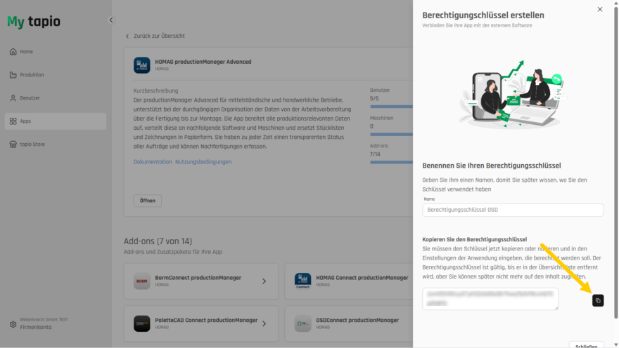 Der erzeugte Schlüssel wird angezeigt und muss durch Anklicken kopiert werden.