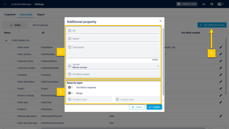 As of now you can also add additional properties (1). For each new property, there is mandatory and optional information to configure (2). You can also define input rules, such as a value range (3).