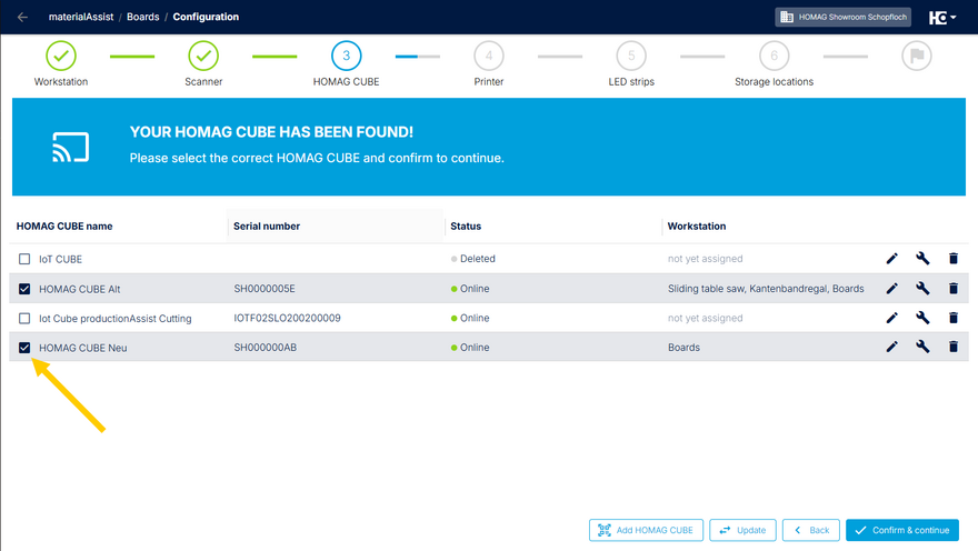 Selecting the new HOMAG CUBE from the overview