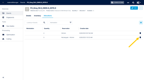 Allocations which are no longer needed can be deleted by clicking on the trash icon in the row of the reservation in question.