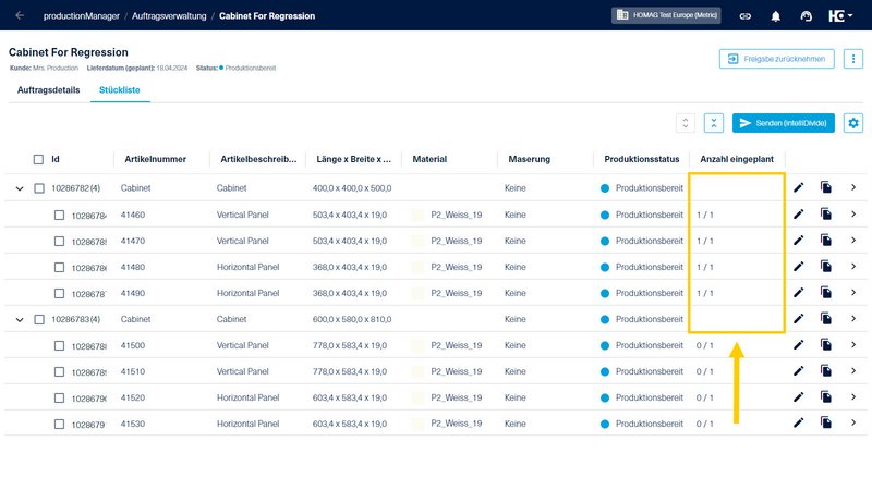 Der Artikel ist in der Stückliste als eingeplant gekennzeichnet.