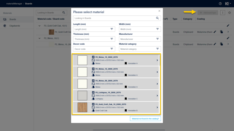 By clicking on "Add board type" you can select a board type in the materialManager from our sample data