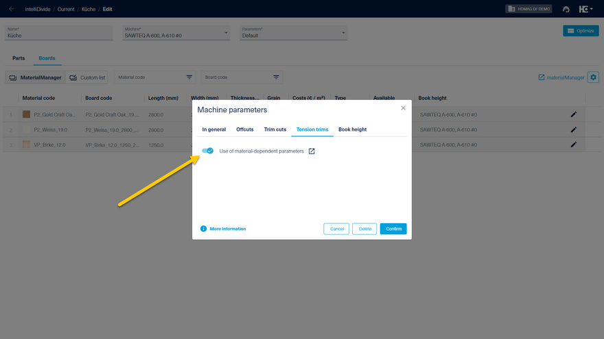 Use material-dependent parameters for tension trim cuts