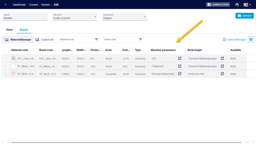 Display of the material group for the machine parameters in intelliDivide