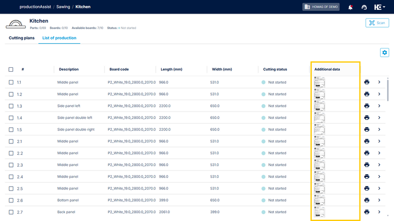 The "Additional data" column is now also available in productionAssist, so you always have your additional data at hand during production.