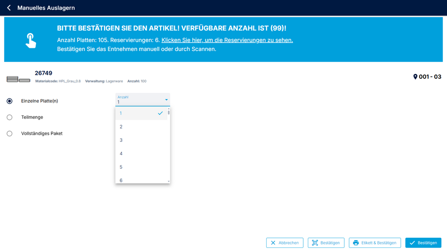 DDialog für zu entnehmende Materialien mit ausreichender Verfügbarkeit 