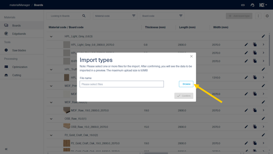 Selection of the files to import