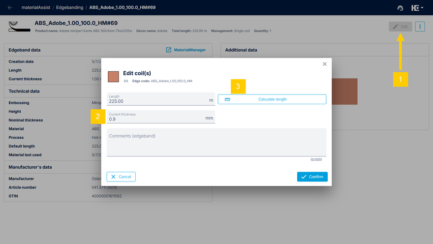 Adjustment of the remaining length in the detailed view of a material 