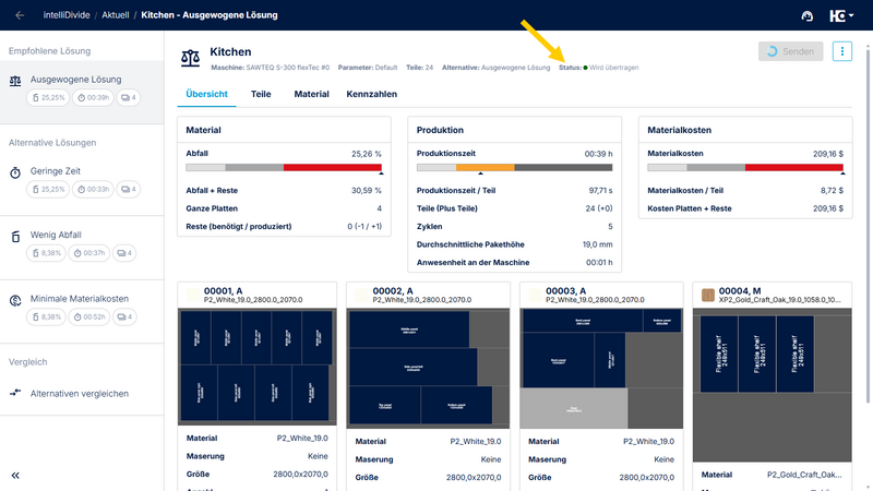 In intelliDivide senden Sie die Optimierungsergebnisse einfach an den HOMAG File Agent. Dieser übernimmt anschließend automatisch die Übertragung in das korrekte Verzeichnis auf Ihrer Maschine.