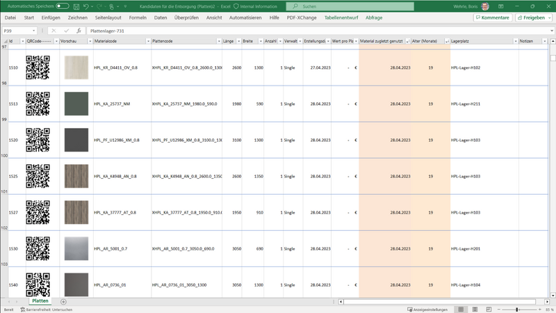 Übersicht über die Lagerbestände. Alle Platten sind nach Alter und Typ sortiert. Der QR-Code kann direkt im materialAssist verwendet werden, um die Platte zu entsorgen.