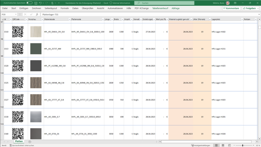 Übersicht über die Lagerbestände. Alle Platten sind nach Alter und Typ sortiert. Der QR-Code kann direkt im materialAssist verwendet werden, um die Platte zu entsorgen.