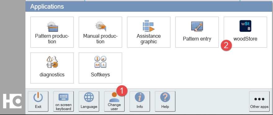 Change user to administrator mode (1) and open the woodStore application (2).