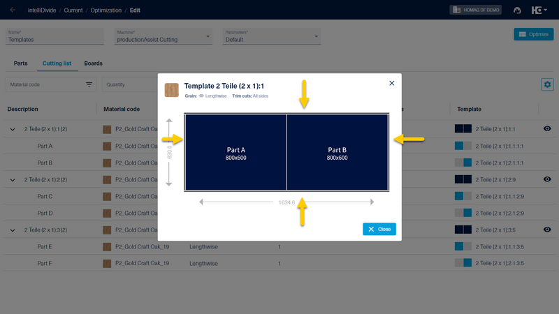 If the "All sides" option is selected, trim cuts are added to the template on all sides.