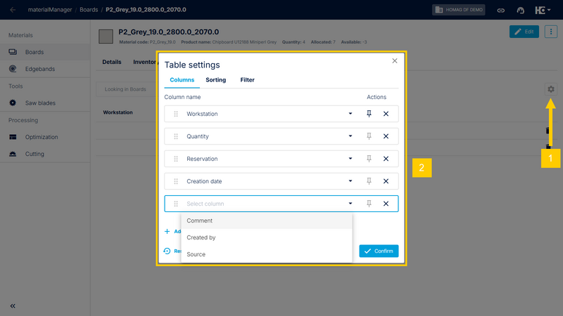 The table settings (1) can be used to customize the columns (2) of the reservation overview.