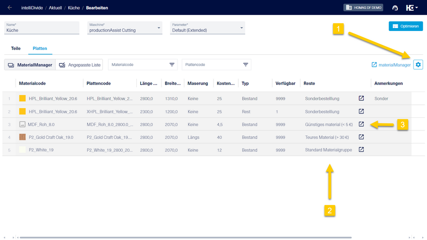 Darstellung der Materialgruppe für Reste in intelliDivide