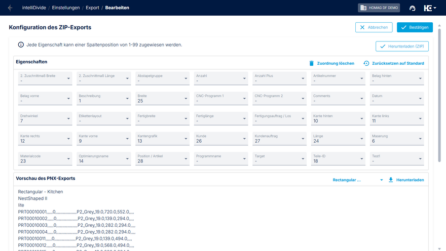 Konfiguration des ZIP-Exports für intelliDivide Nesting
