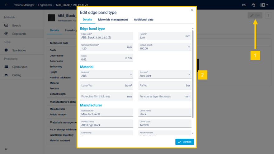 Edit an edgeband type