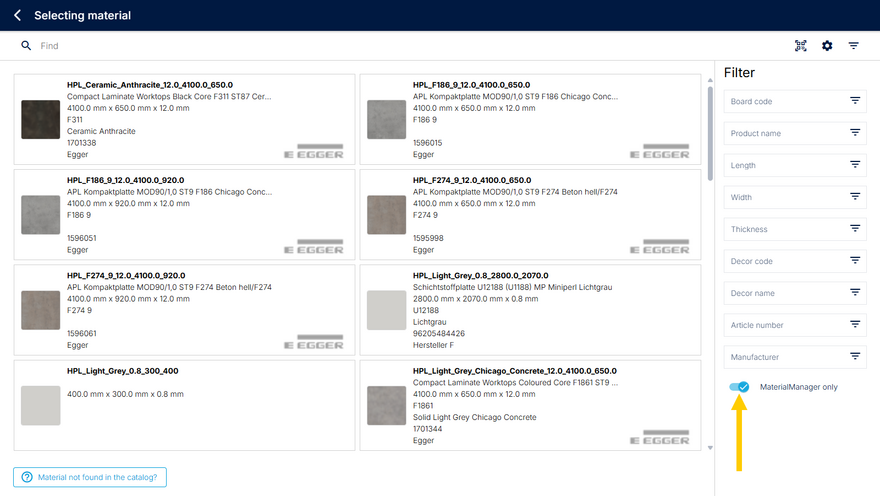 Display of board types arleady created in materialManager