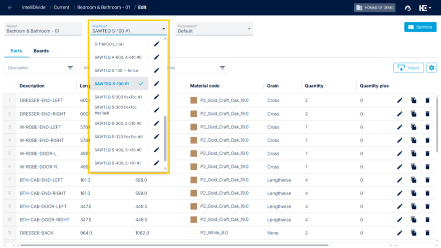 Select the desired machine in the optimization