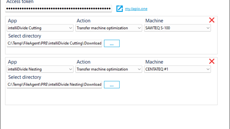 In the HOMAG File Agent, select the action "Transfer machine optimization". Additionally, specify the target machine and the desired directory for the optimization results.
