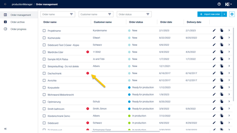 Order overview with faulty orders Order overview with faulty orders