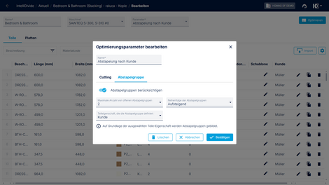 In den Optimierungsparametern kann die Berücksichtigung von Abstapelgruppen aktiviert werden. Dabei lassen sich die Anzahl der Stapelplätze, das Kriterium für die Gruppierung sowie die Reihenfolge festlegen.