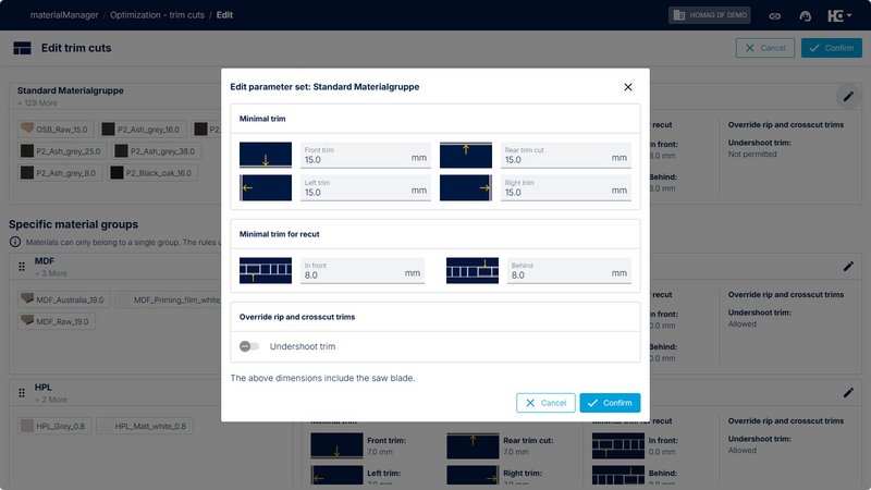 The trim cuts can now be defined individually for each material individually. 