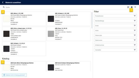 Im Bereich (2) finden Sie die Materialtypen, die Sie im materialManager bereits angelegt haben. Im Bereich (3) finden Sie Katalogdaten der Hersteller Ostermann (Kantenbänder) und Egger (Platten).  