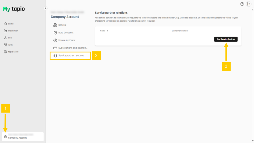 Entering the settings for your service partner relations