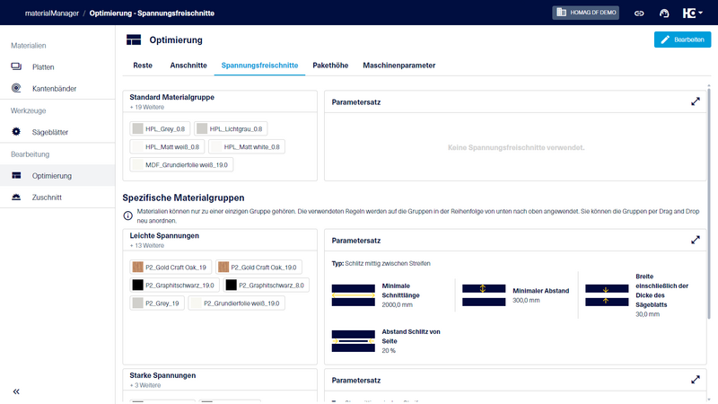 Im materialManager haben Sie im Bereich "Optimierung" die Möglichkeit, Materialgruppen für die Verwendung von Spannungsfreischnitten anzulegen. 