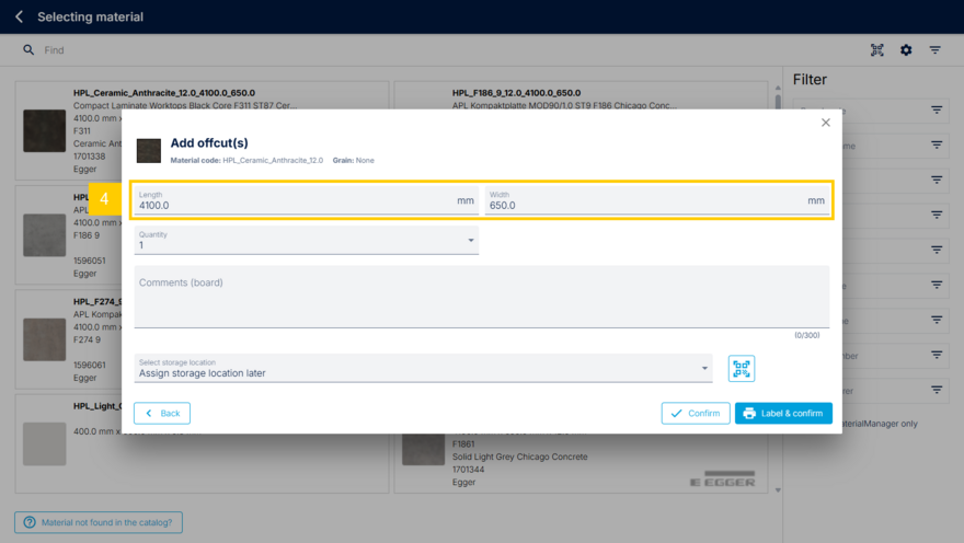 Storage dialog for offcuts