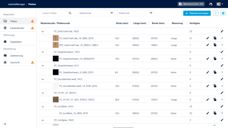 Importierte Platten und Reste inklusive Bestände und Reservierungen im materialManager 