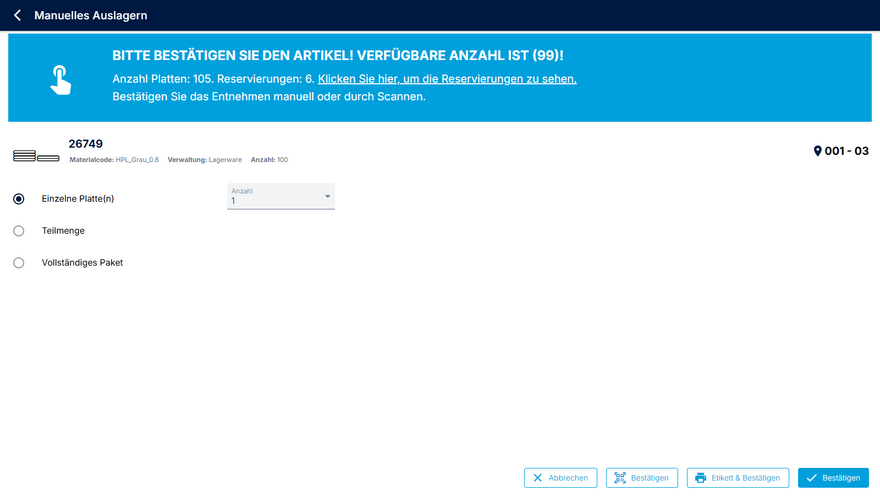 Auslagerungsdialog für Platten