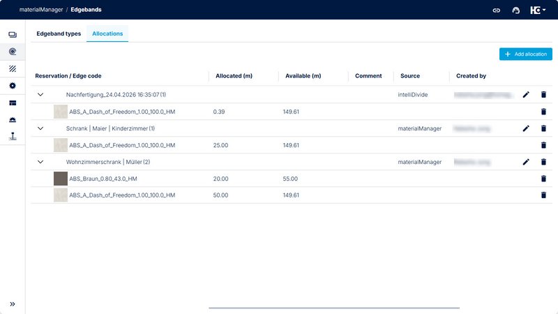 Allocation overview in materialManager for edgebands 