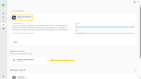 Navigation zur Applikation "HOMAG File Agent woodStore" innerhalb des materialManagers Navigation zur Applikation "HOMAG File Agent woodStore" innerhalb des materialManagers