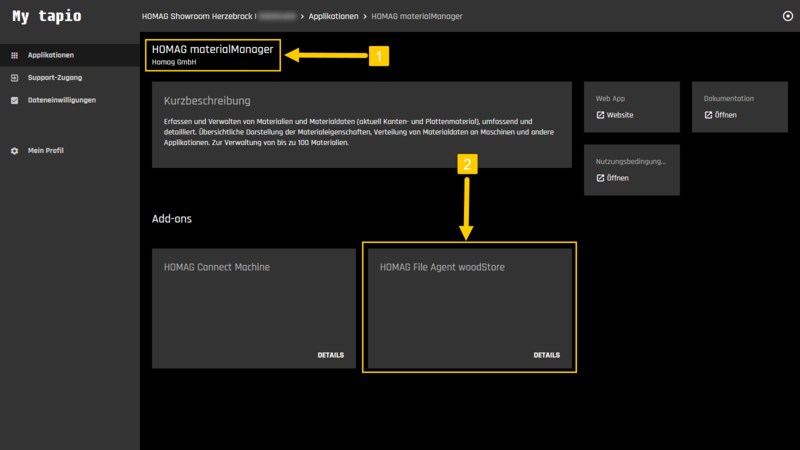 Navigation zur Applikation "HOMAG File Agent woodStore" innerhalb des materialManagers