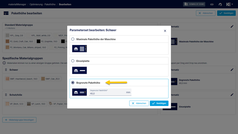 Bei schweren Materialien kann die maximale Pakethöhe begrenzt werden, um die Arbeit des Bedieners zu erleichtern.