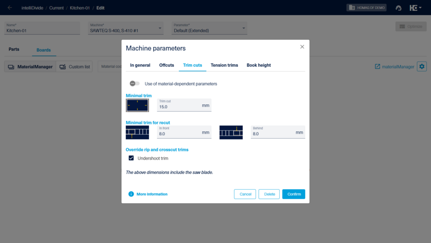 Setting the minimum trim cuts