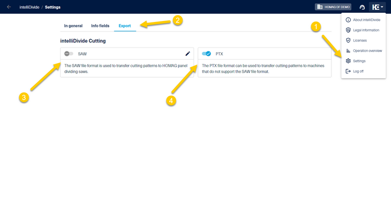 The output of the PTX format can be activated in the export settings in the HOMAG menu.