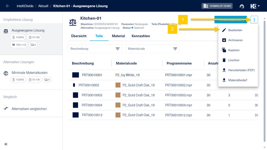 Editieren der Teileliste in intelliDivide