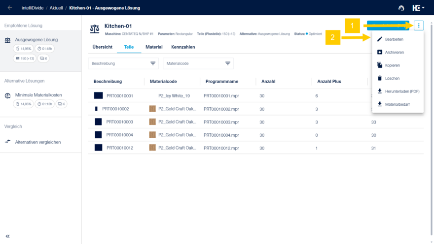 Editieren der Teileliste in intelliDivide