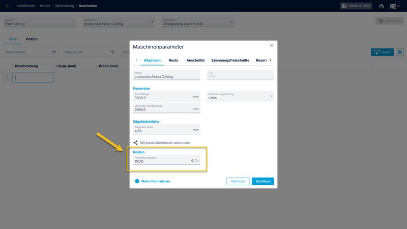 Festlegung der individuellen Produktionskosten für jede Maschine.